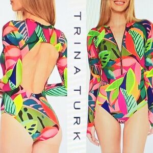 NEW Trina Turk Rainforest L/S Open Back Rashguard Paddle Swimsuit Sz Lg